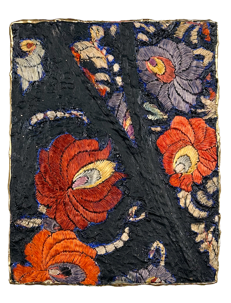 Natasha Zupan - Afterglow #24, mixed media collage with fabric, floral patterns and thick textured paint in dark navy