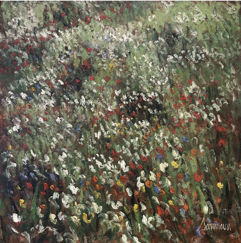 Samir Sammoun  Printemps, impressionist oil painting of multicolor flower dots in green grass