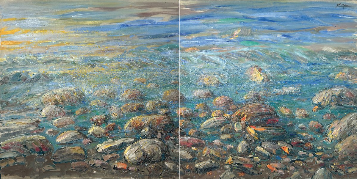 Bruno Zupan Wave on Rocky Coast, Mallorca, oil on canvas diptych painting of a impressionist scene of rocky coast of Mallorca spain