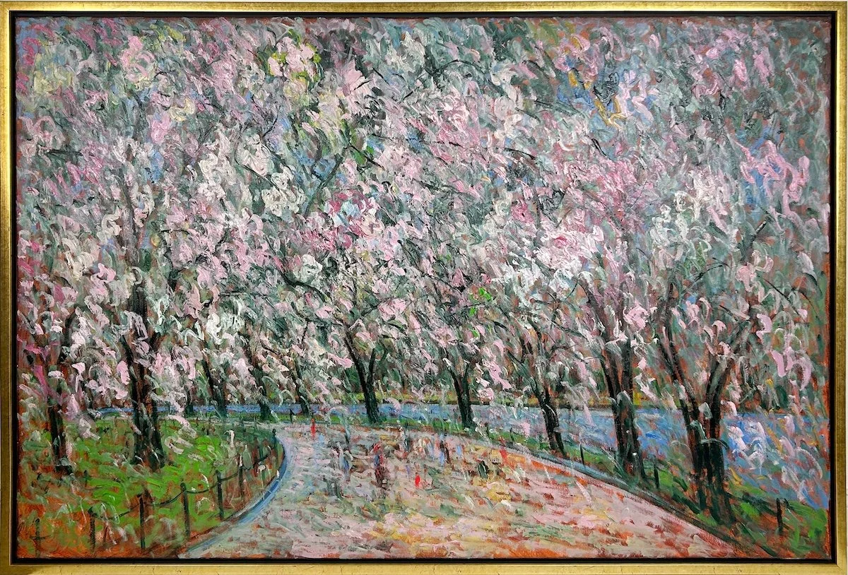 Samir Sammoun  Promenade au Parc, impressionist style oil painting of pink blossoming tree on park path