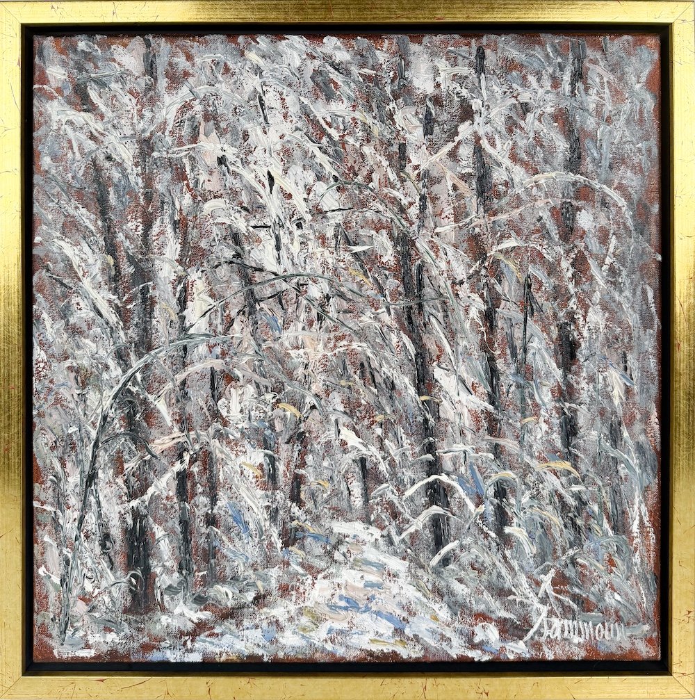 Samir Sammoun  Underwood, Snow, framed, impressionist oil painting of a woodsy path in a snow covered forest