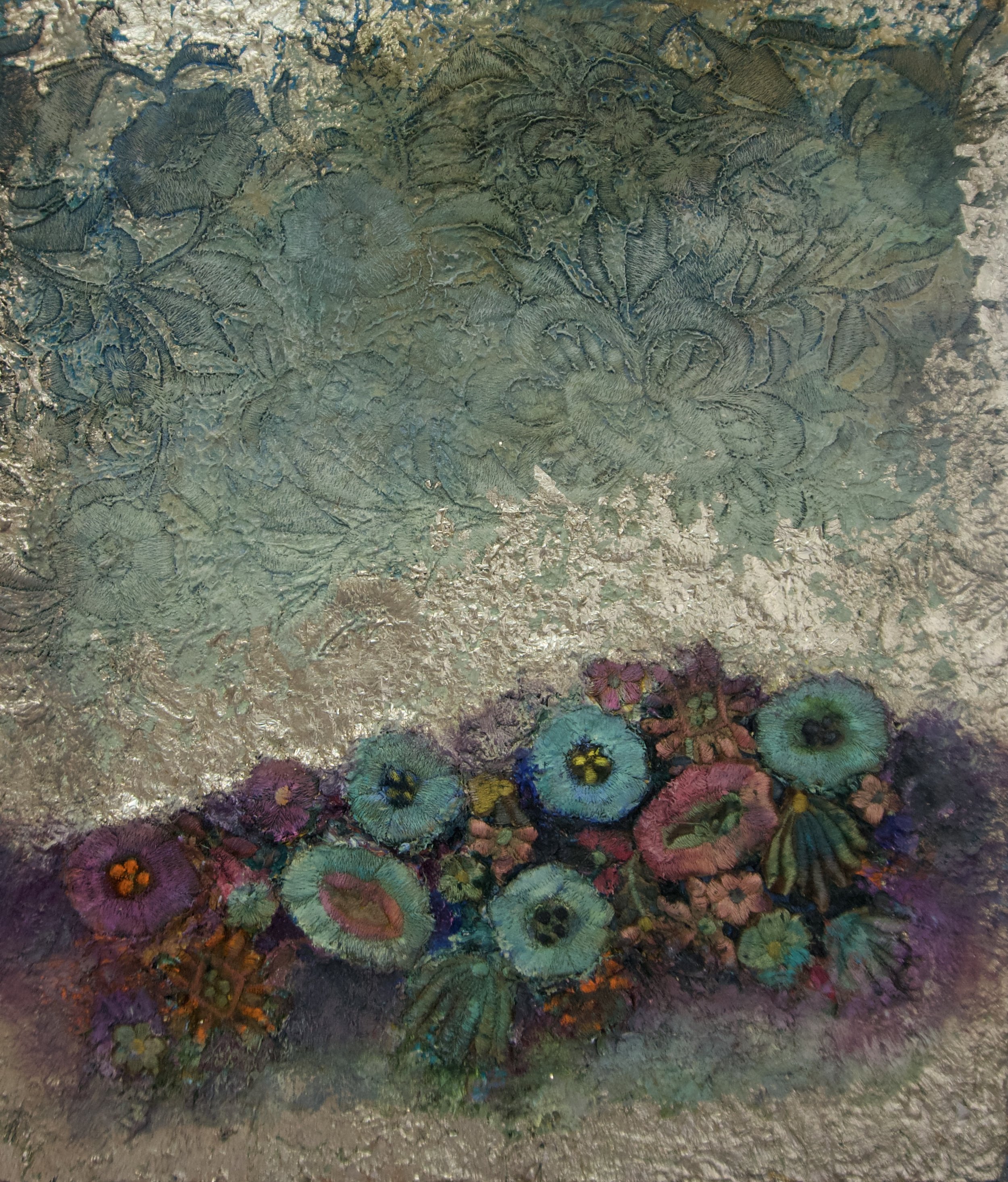 Natasha Zupan - Afterglow #8, mixed media collage on wood with floral pattern fabric and paint added, white gold shimmer