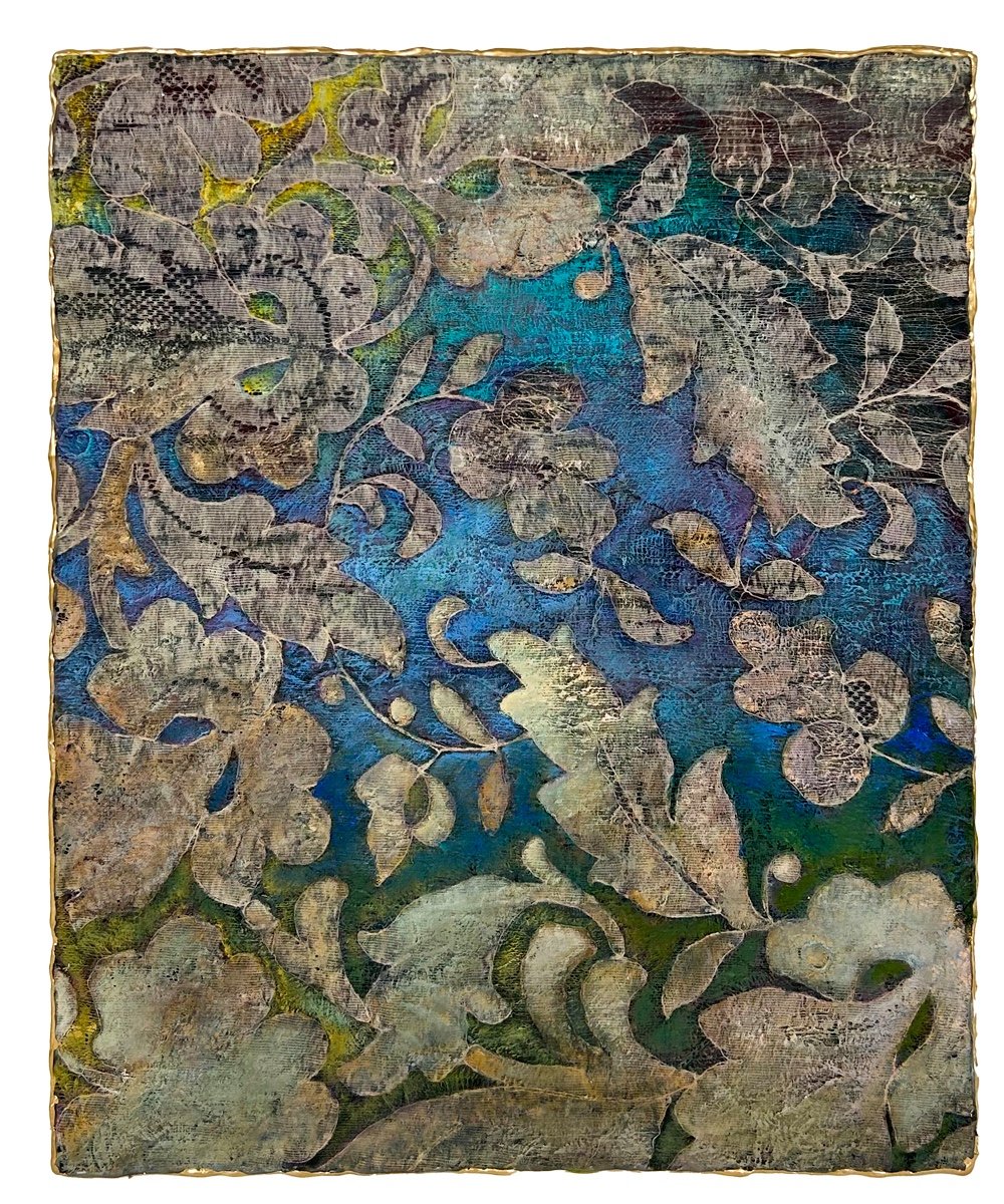 Natasha Zupan -  Afterglow #15, mixed media collage on wood with fabric and paint, in blues and greens