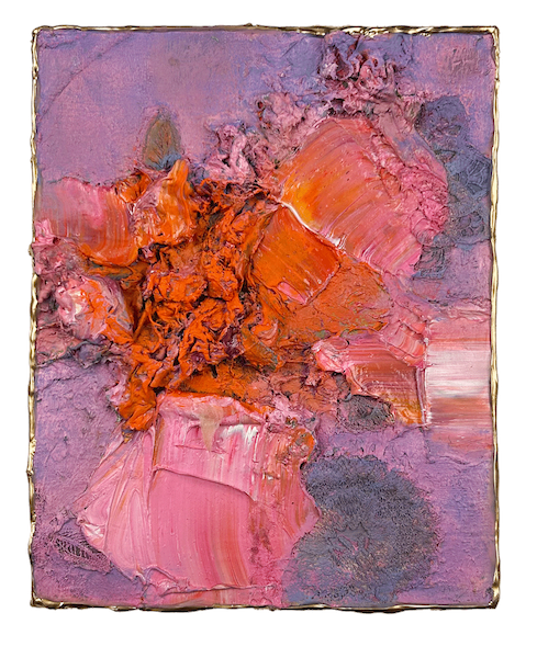 Natasha Zupan - Afterglow #35, mixed media collage with fabric, floral patterns and thick textured paint