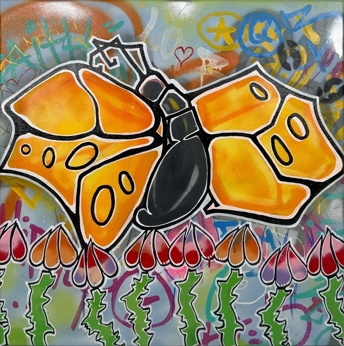 Sen -1 Conga Dreams, abstract graffiti style painting on canvas of a yellow butterfly over flowers