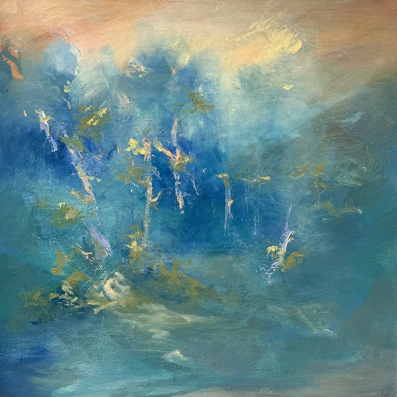 Kathy Buist Drift into Dreams, abstract oil painting with atmospheric washes of blues and teal with flakes of olive green peachy top