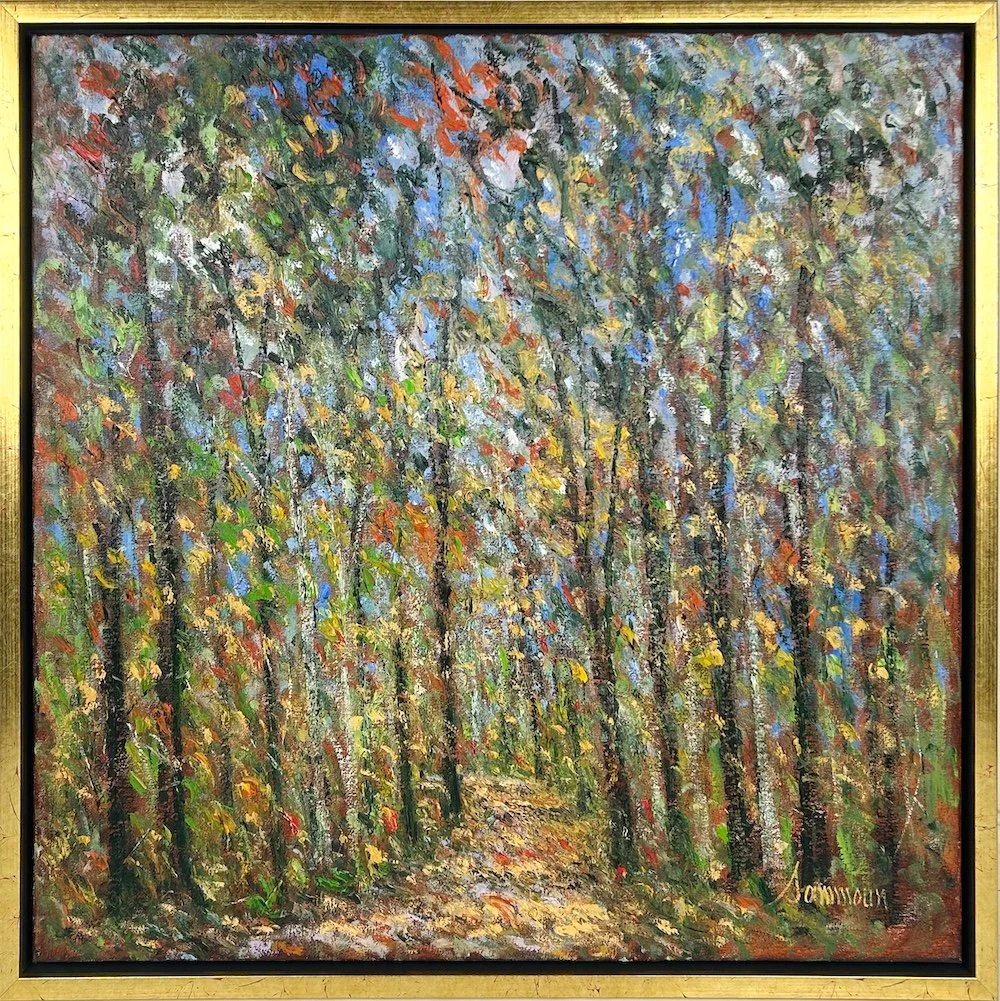 Samir Sammoun  Automne parc Rhône, Bouleaux, impressionist oil painting of a path down a forest of trees with a rainbow of leaves
