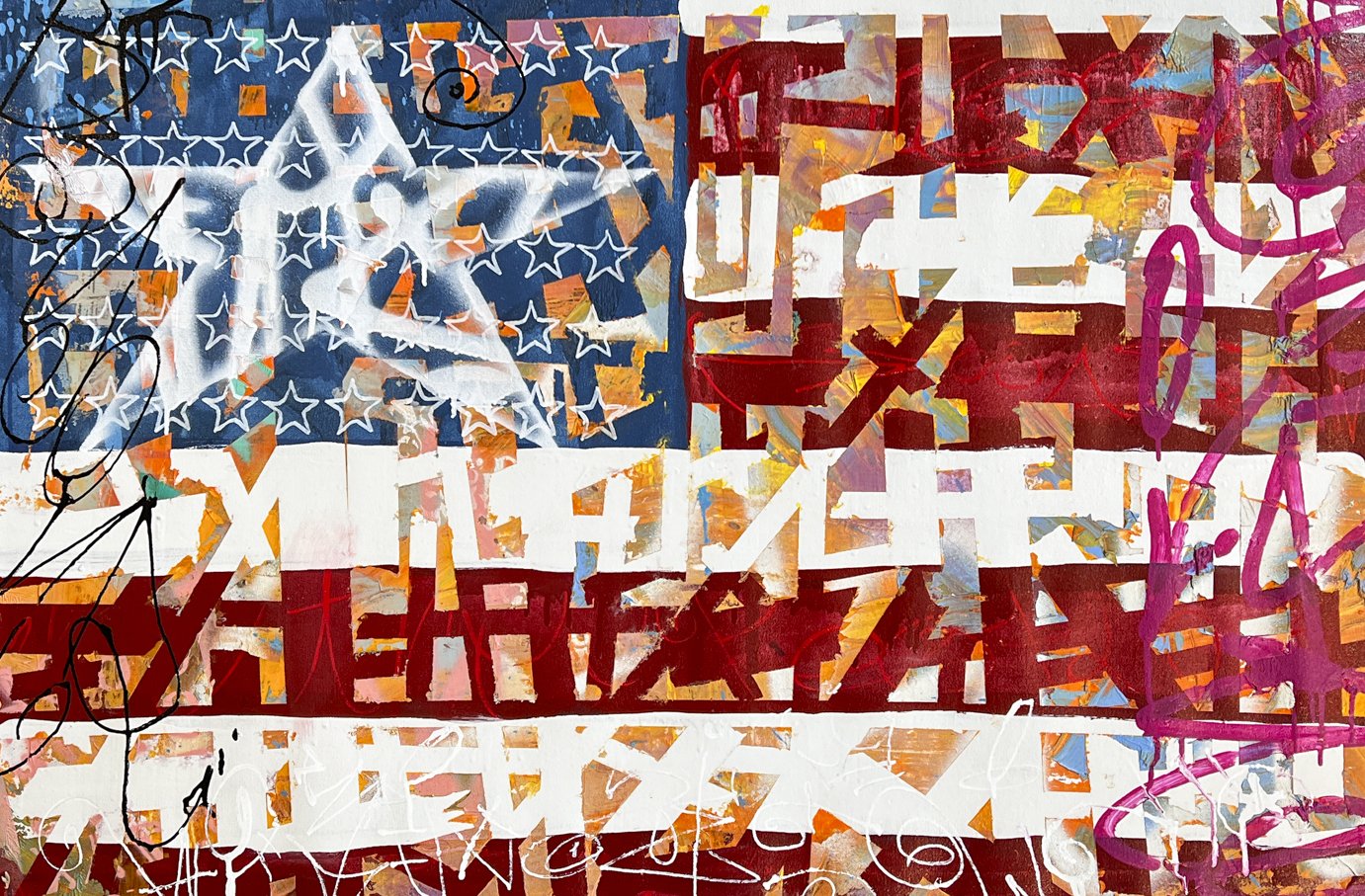SEN-1 theatre of the absurd, abstract graffiti painting on canvas of American flag