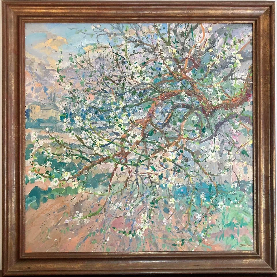 Bruno Zupan, blossoms in the wind, a textured impressionist painting of blossoming tree branches over a green and brown landscape. white blossoms