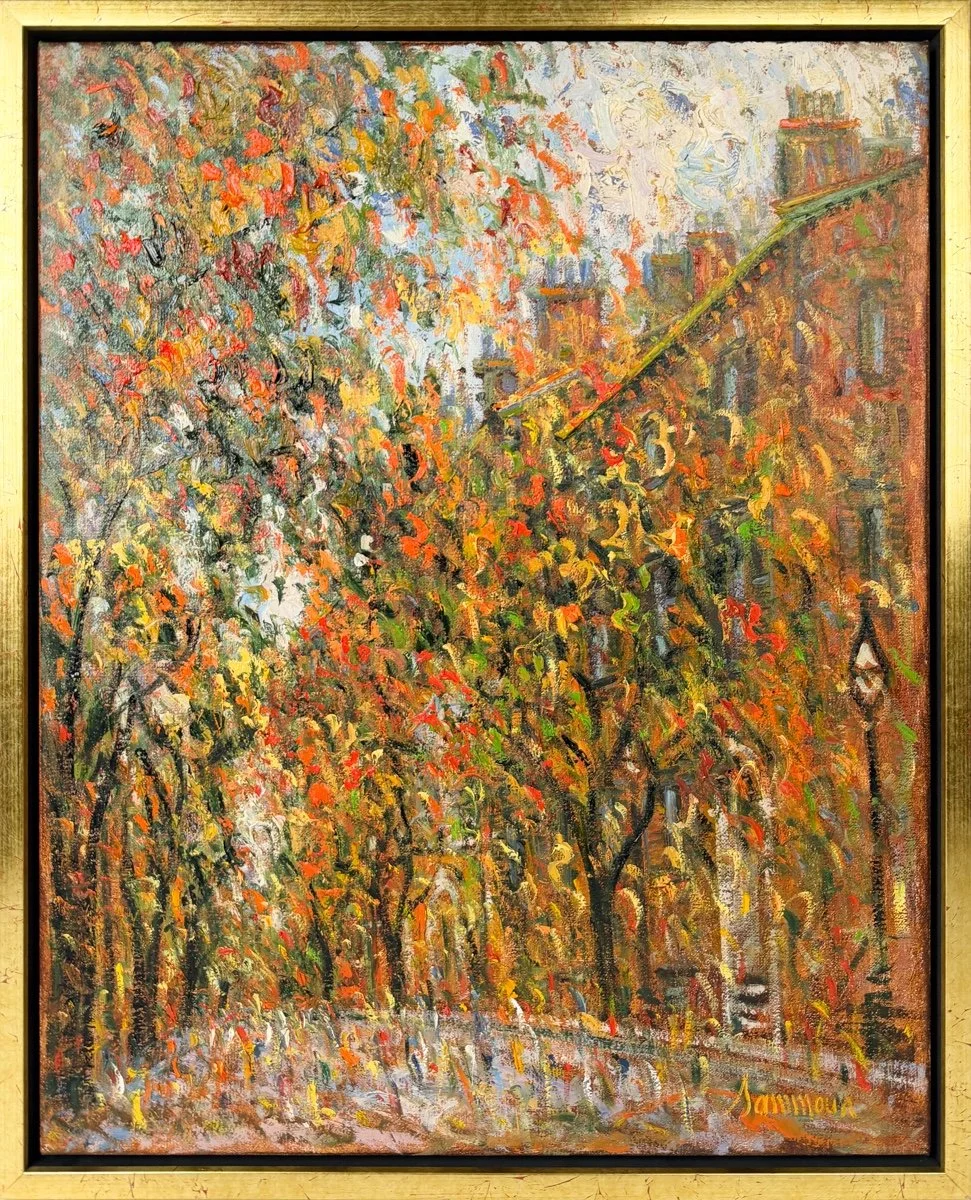 Samir Sammoun  Boston Beacon Hill, Pinckney Street, textured impressionist scene of a treelined street with red brick buildings, autumn leaves and lamps