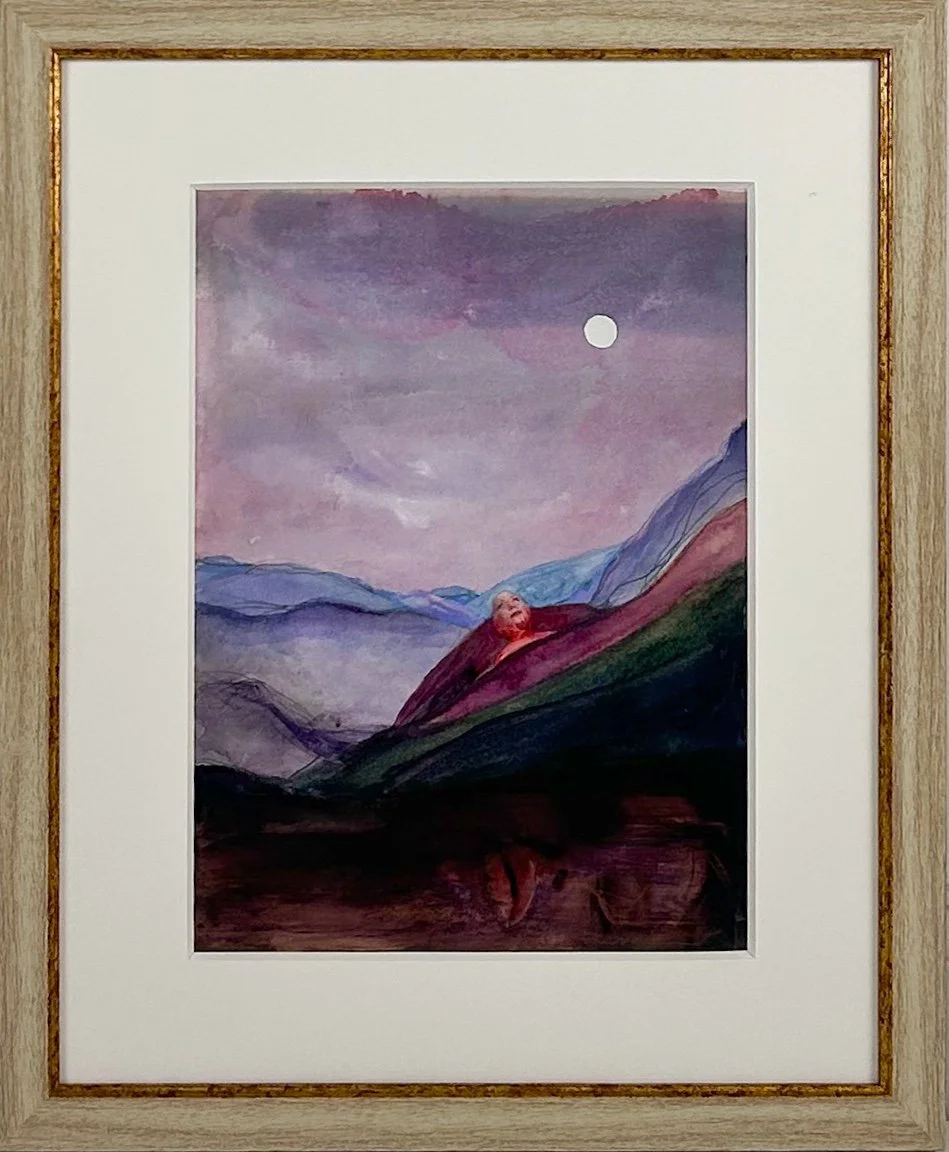Natasha Zupan Afterglow #47, purple and pink watercolor hillside landscape with collage images of women faces