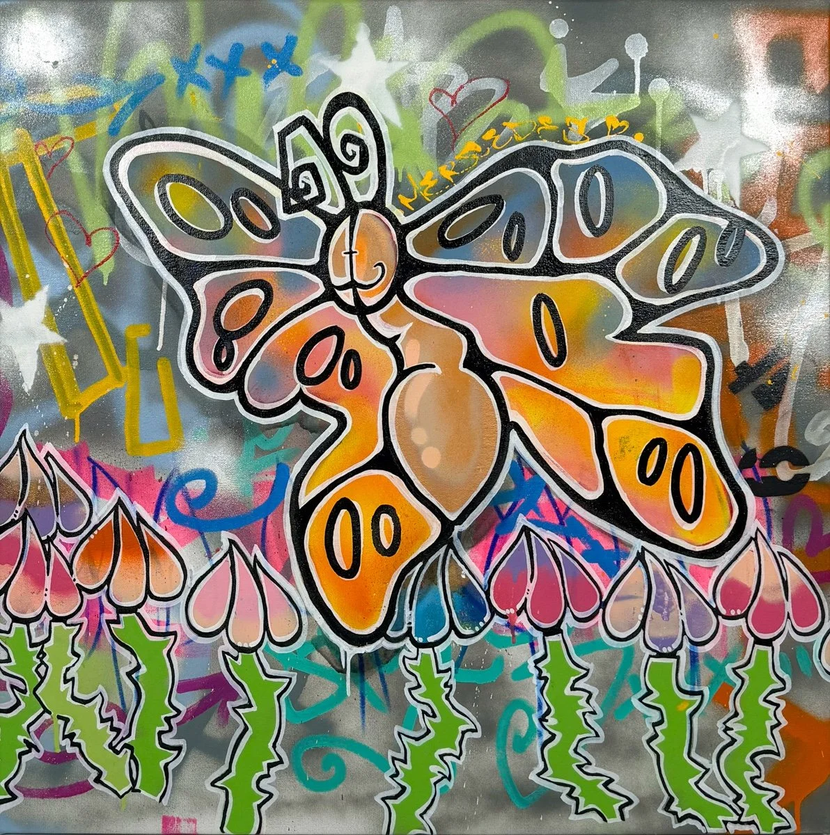 SEN-1 Spring Love, Abstract graffiti style painting on canvas of a butterfly over flowers