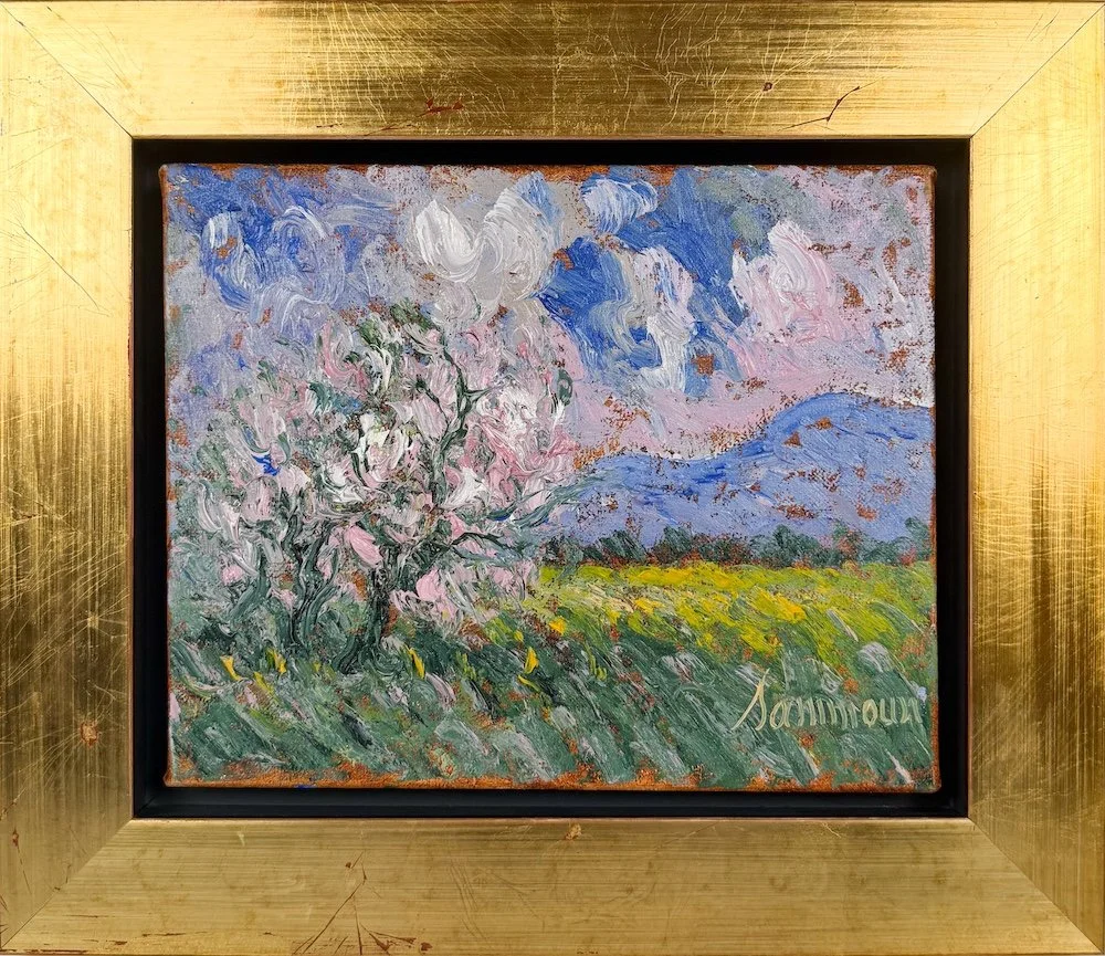 Samir Sammoun  Amandiers en Fleurs, étude, framed, impressionist oil painting of light pink flower tree in a grassy field with a distant mountain