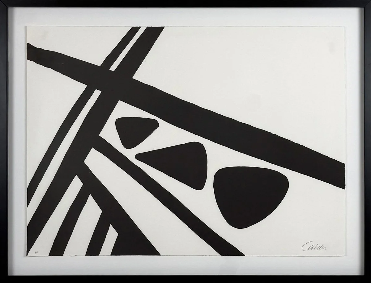 alexander calder iron frame, abstract black and white print, lines and circles