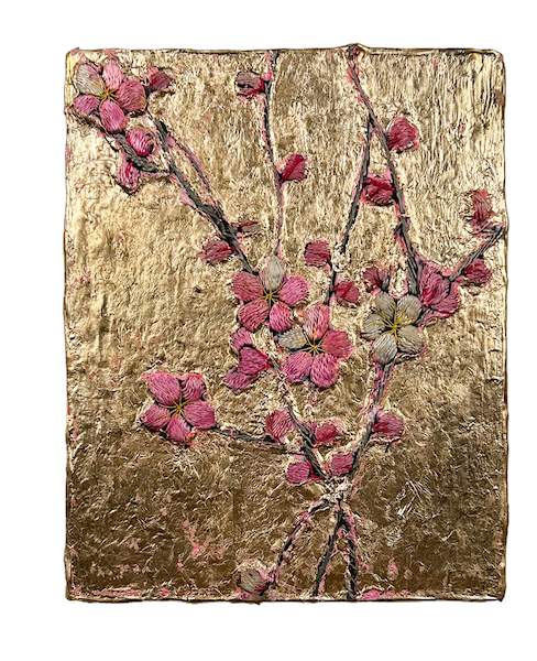 Natasha Zupan - Afterglow #28, mixed media collage with fabric, gold leaf and cherry blossom floral in the center