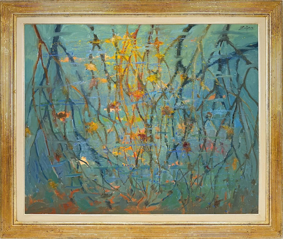 Bruno Zupan Autumn Leaves Reflected in Lake, framed impressionist style oil painting of almond tree branches with leaves reflected in a lake