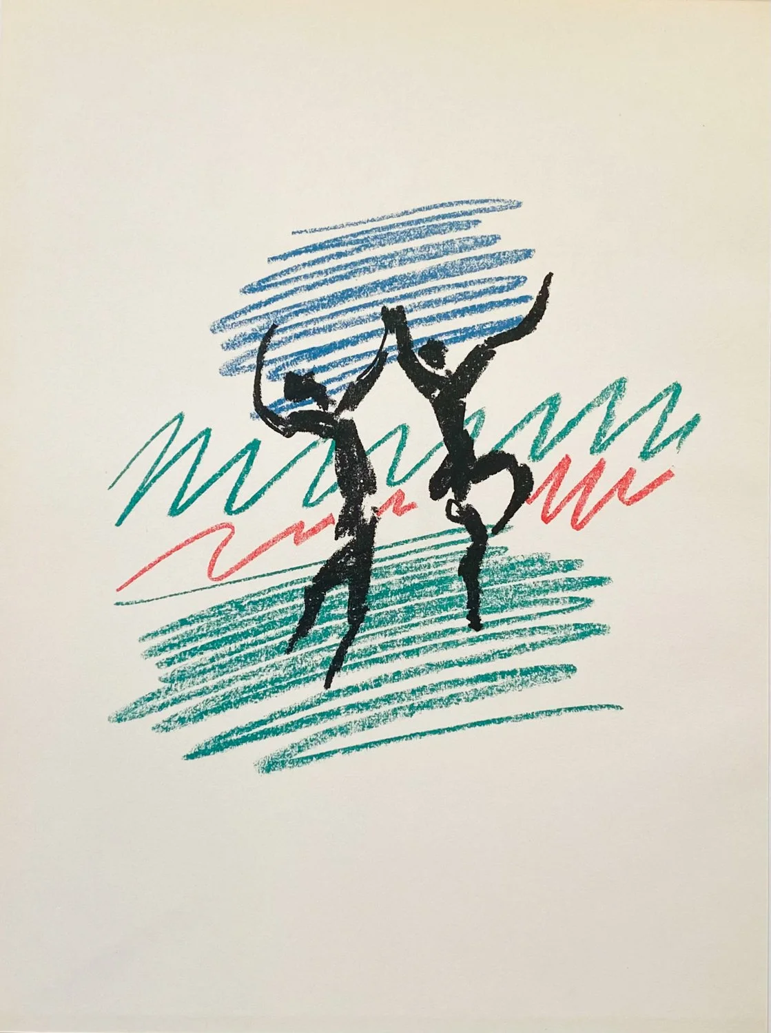 Pablo Picasso, LA DANSE, abstract composition of two figures dancing in a field, gestrual marks, blue, red, black and green