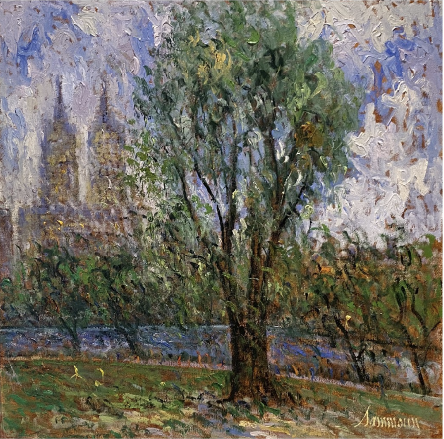 Samir Sammoun  Central Park, April 2024, framed, impressionist oil painting of a scene in central park NYC