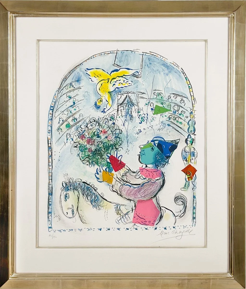 Marc Chagall The Circus with the Angel - lithograph printed in muli color of an angel above a crowd in a circus tent with a figure riding a horse in the foreground