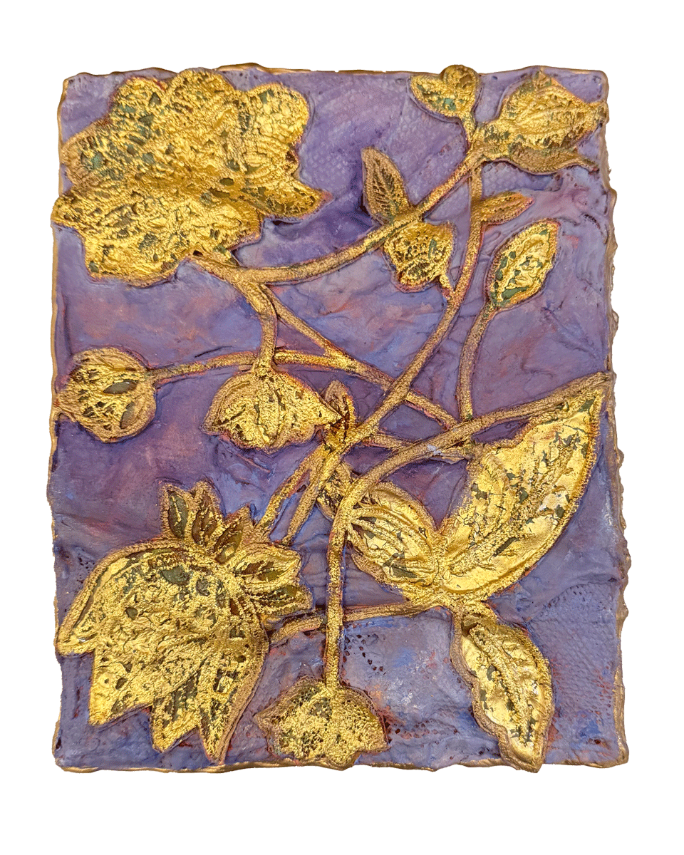 Natasha Zupan - Afterglow #54, mixed media collage with gold, fabric, floral patterns and thick texture