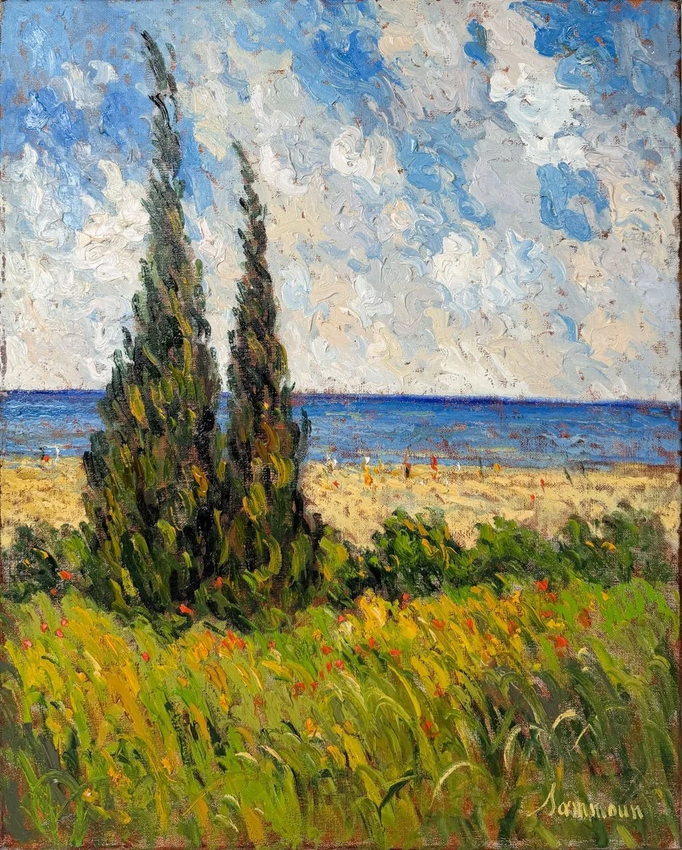 Samir Sammoun  Cypresses, textured impressionist landscape of two cuypress trees with a beach and ocean behind, puffy clouds and blue sky