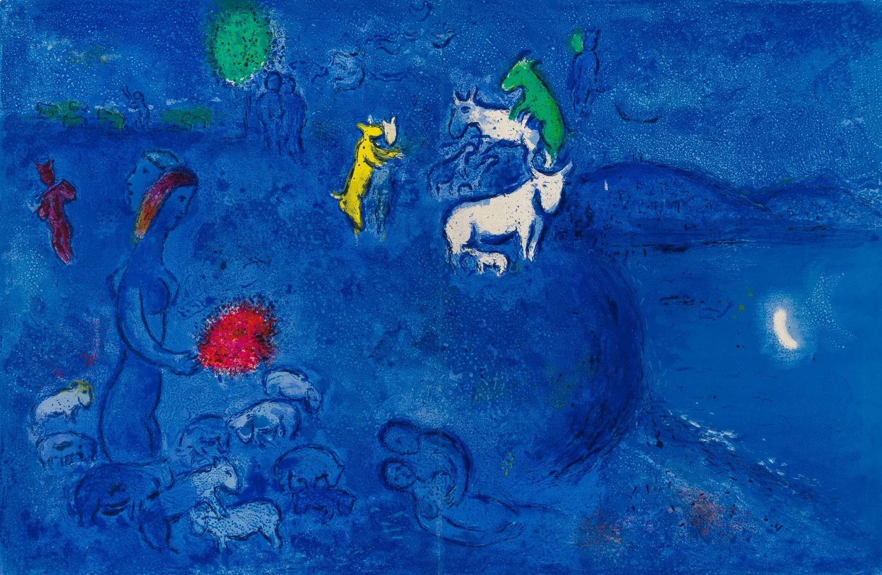 Marc Chagall Le Printemps, blue with figures and colorful animal creatures