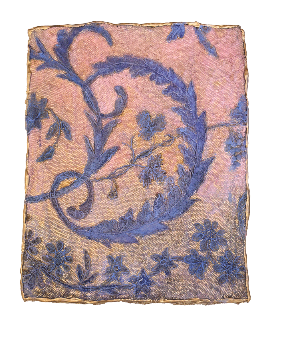 Natasha Zupan - Afterglow #56, mixed media collage with gold, fabric, floral patterns and thick texture