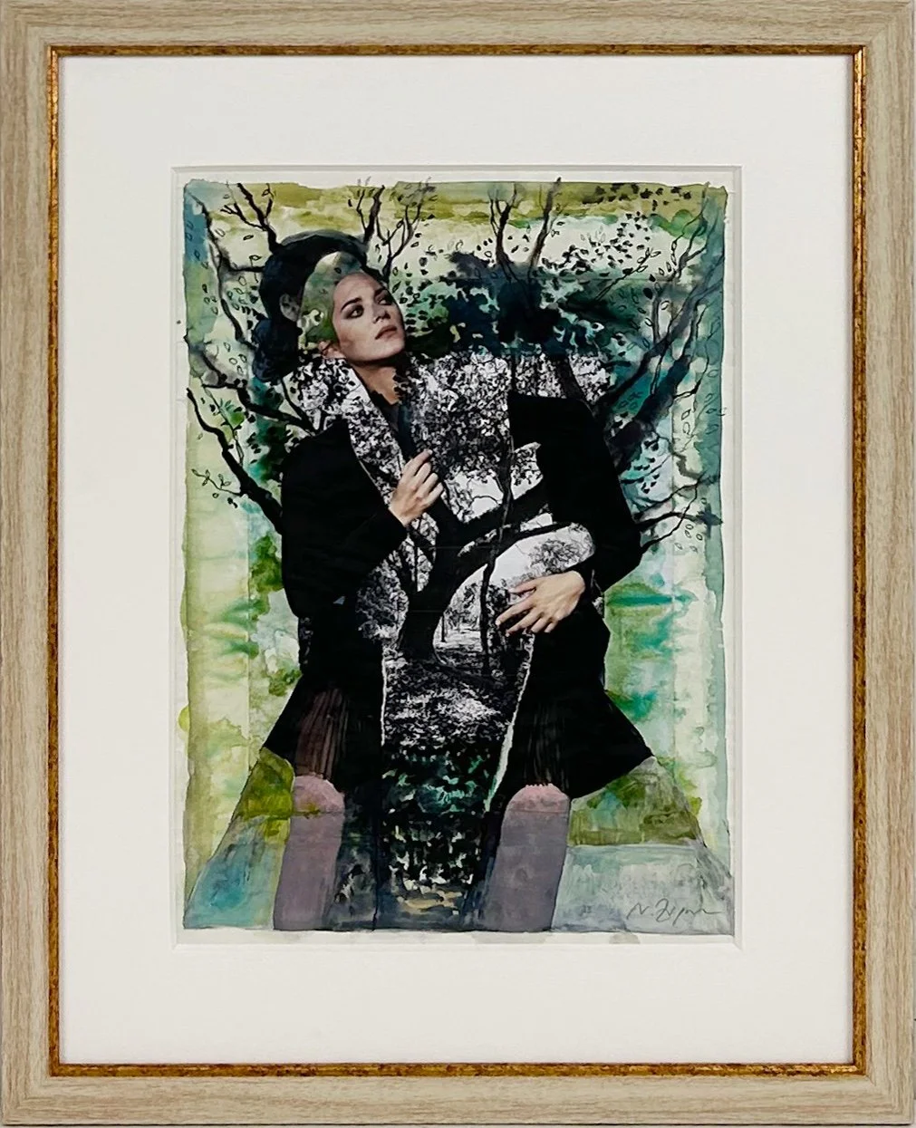 Natasha Zupan Afterglow #45 - framed, collage on paper of a woman figure mixed with tree imagery