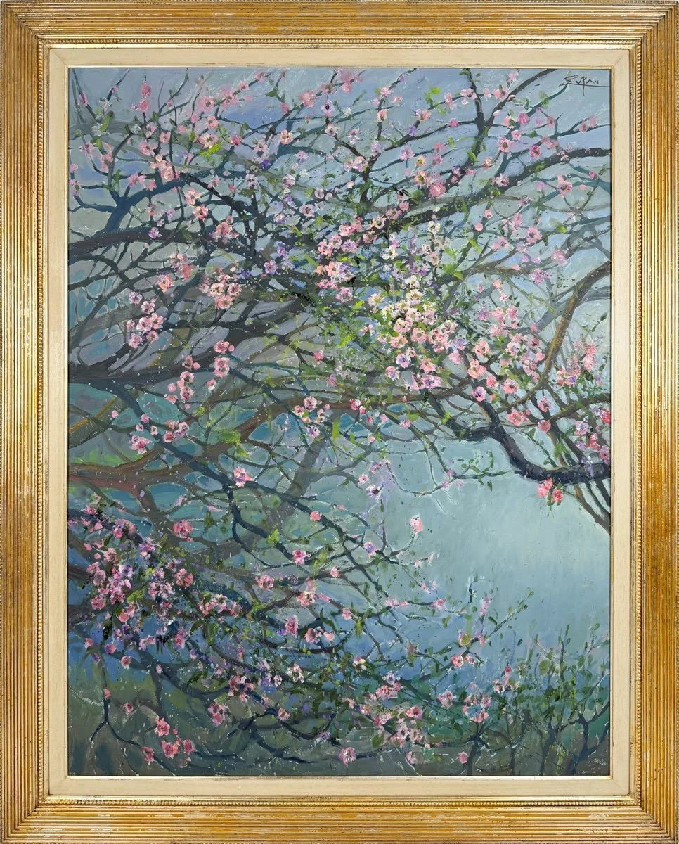Bruno Zupan, Almond Branch - framed impressionist oil painting of an almond tree branch covered with pink and green blossoms