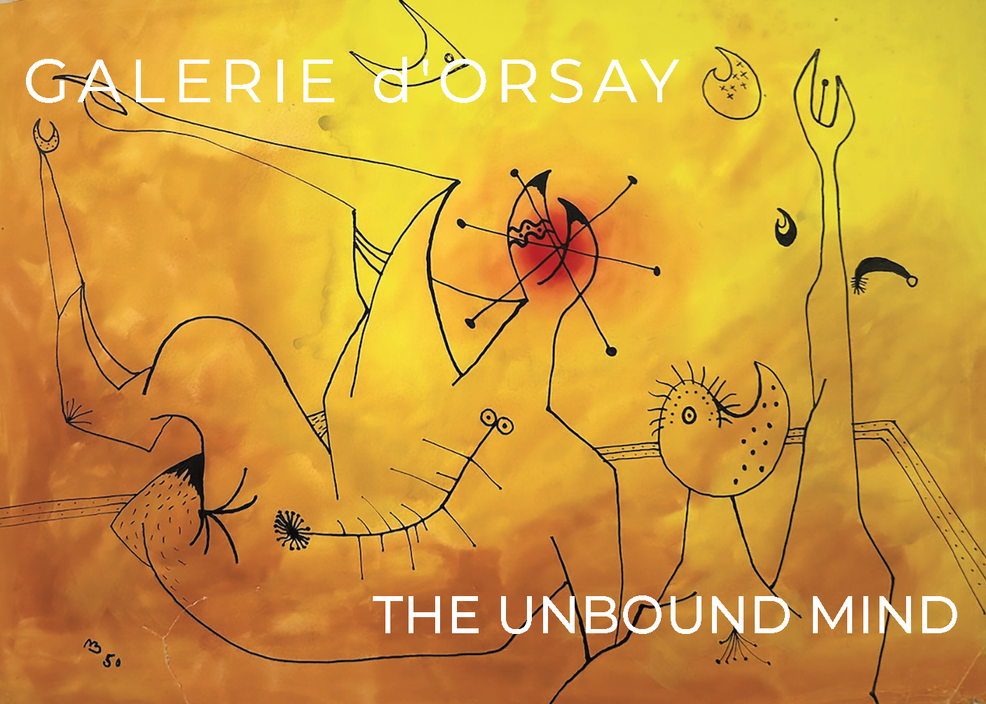 Abstract surrealist illustration, black lines on a yellow and red background