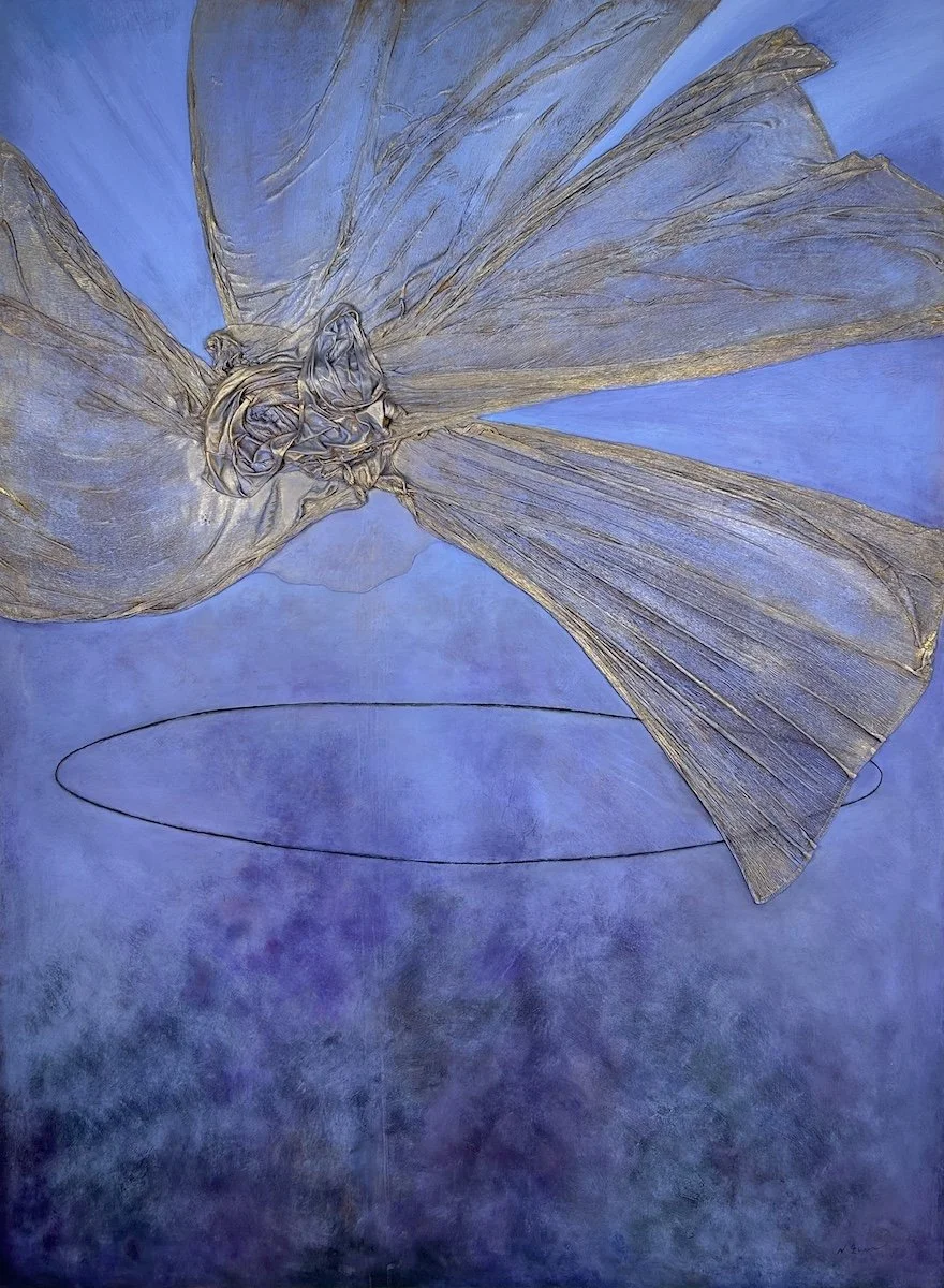 Natasha Zupan Afterglow #1, mixed media work on canvas in deep purple hues and tan texture layer