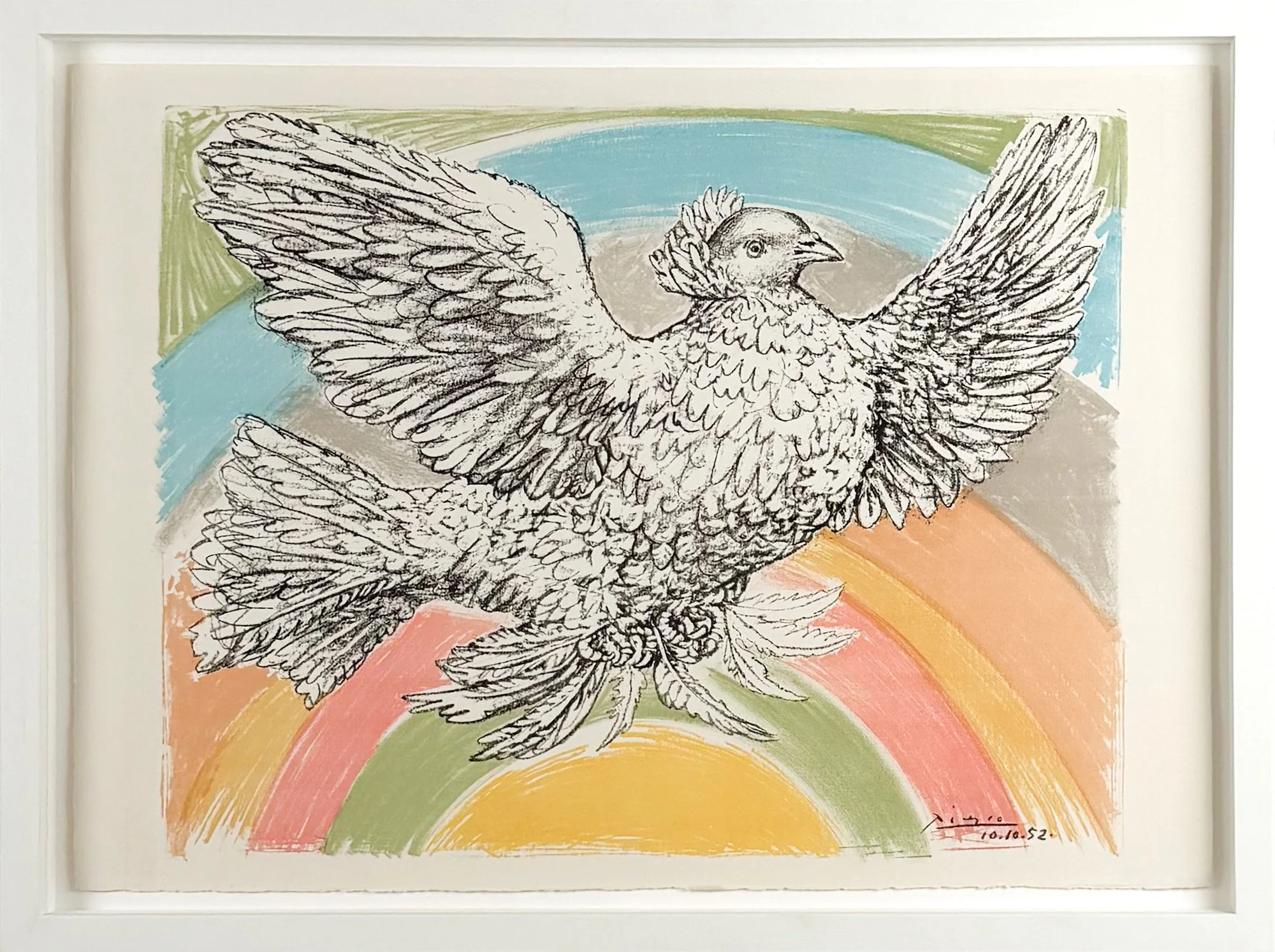 Pablo Picasso  Colombe volant (à l'Arc-en-Ciel), black and white dove with wings spread, over a pastel rainbow in yellow, green, pink, peach, grey and blue.