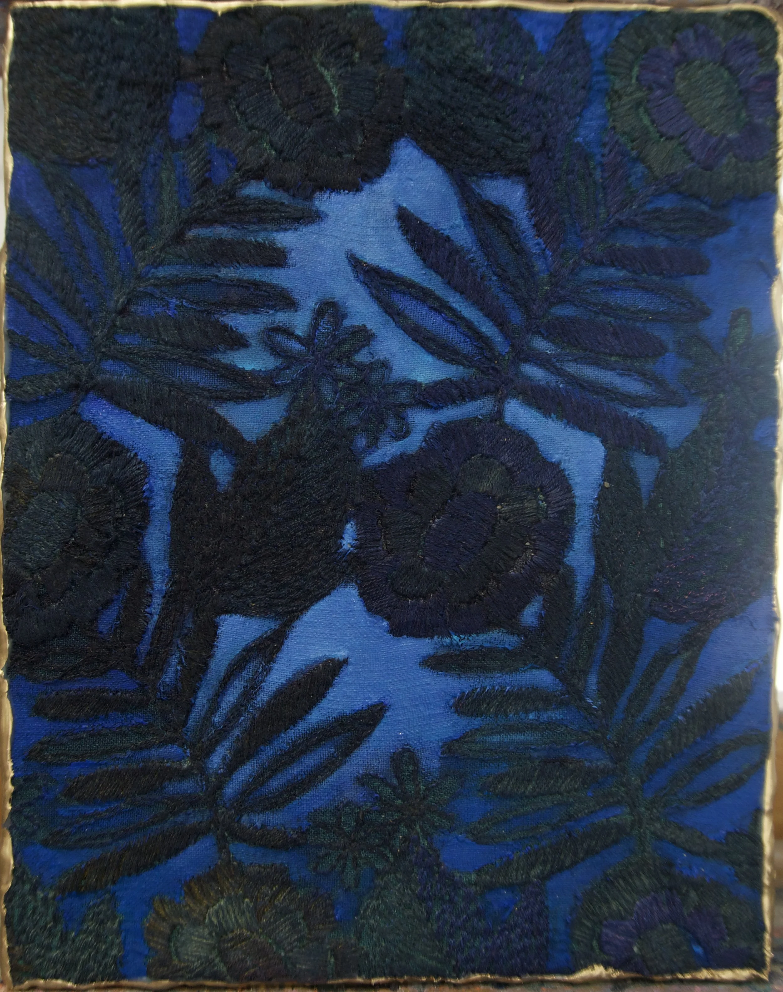 Natasha Zupan - Afterglow #39, mixed media collage with fabric, floral patterns in deep dark blue