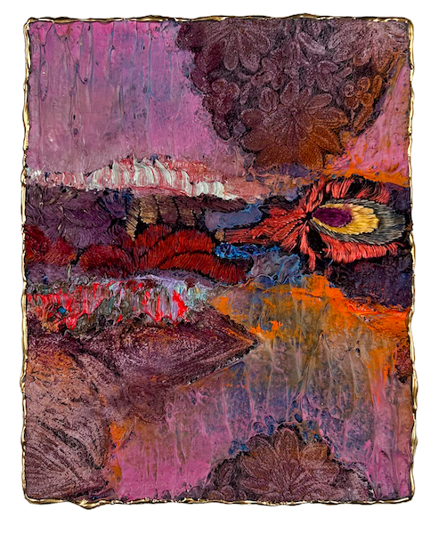 Natasha Zupan - Afterglow #29, mixed media collage with fabric, floral patterns and thick textured paint