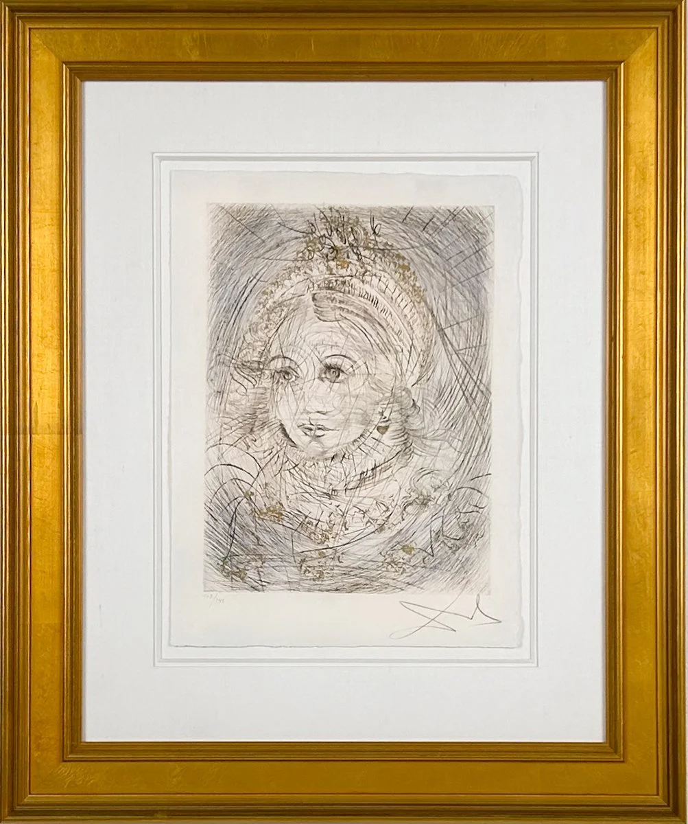dali, portrait. ofmarguerite, surrealist etching of a beautiful woman's bust, swirls around her face, gold crown