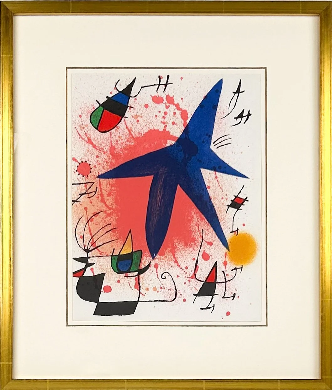 Joan Miro - untitled blue star, abstract surrealistic lithograph, with a large blue star, pink spatter and red, blue, yellow, green and black forms