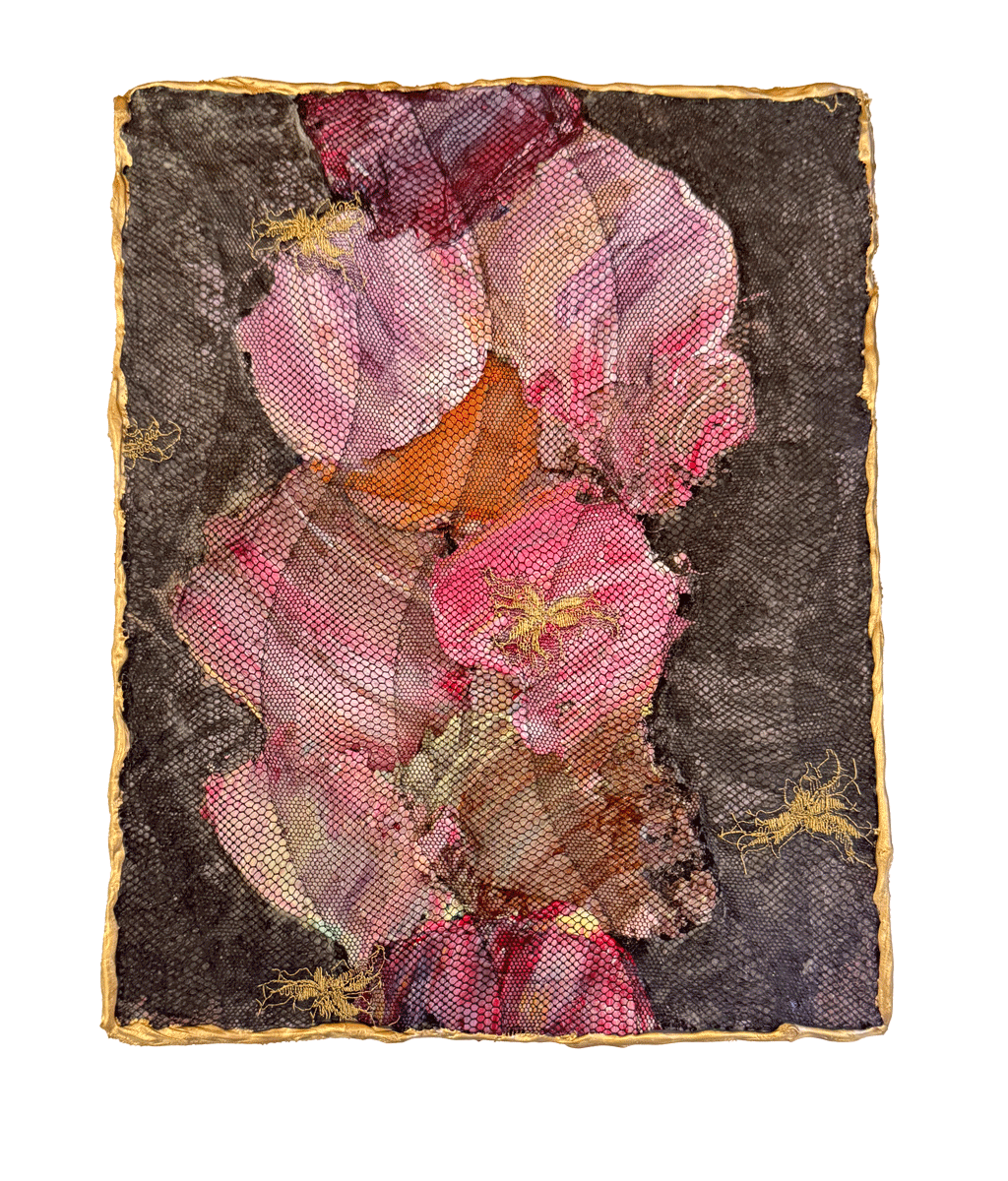 Natasha Zupan - Afterglow #55, mixed media collage with gold, fabric, floral patterns and thick texture