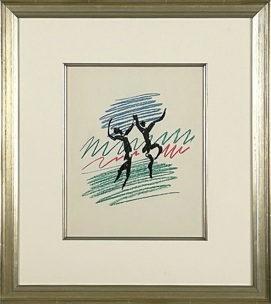 Pablo Picasso, LA DANSE, abstract composition of two figures dancing in a field, gestrual marks, blue, red, black and green framed