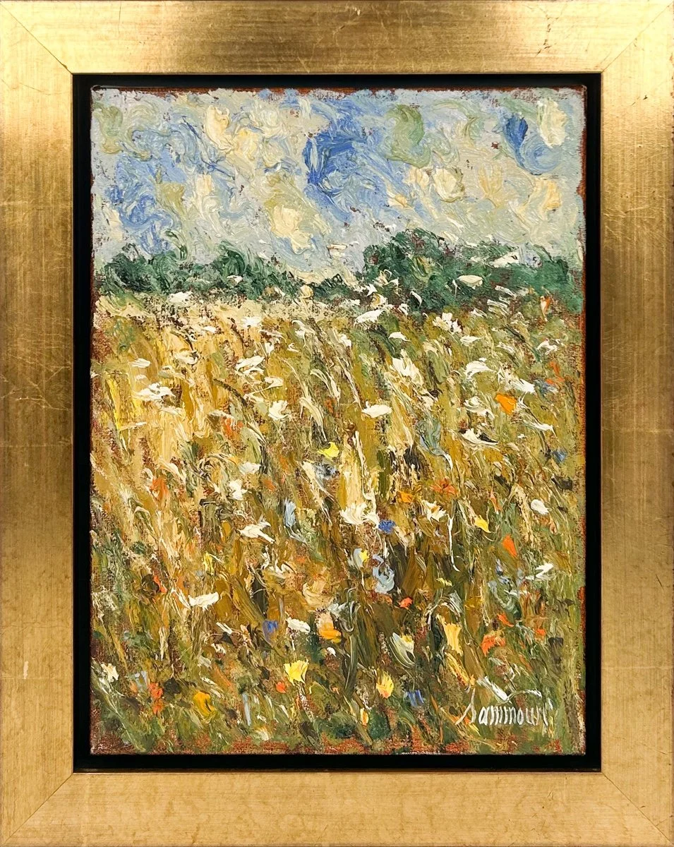Samir Sammoun Wild Flower, framed textured oil painting on canvas of  a wheat field with wild flowers
