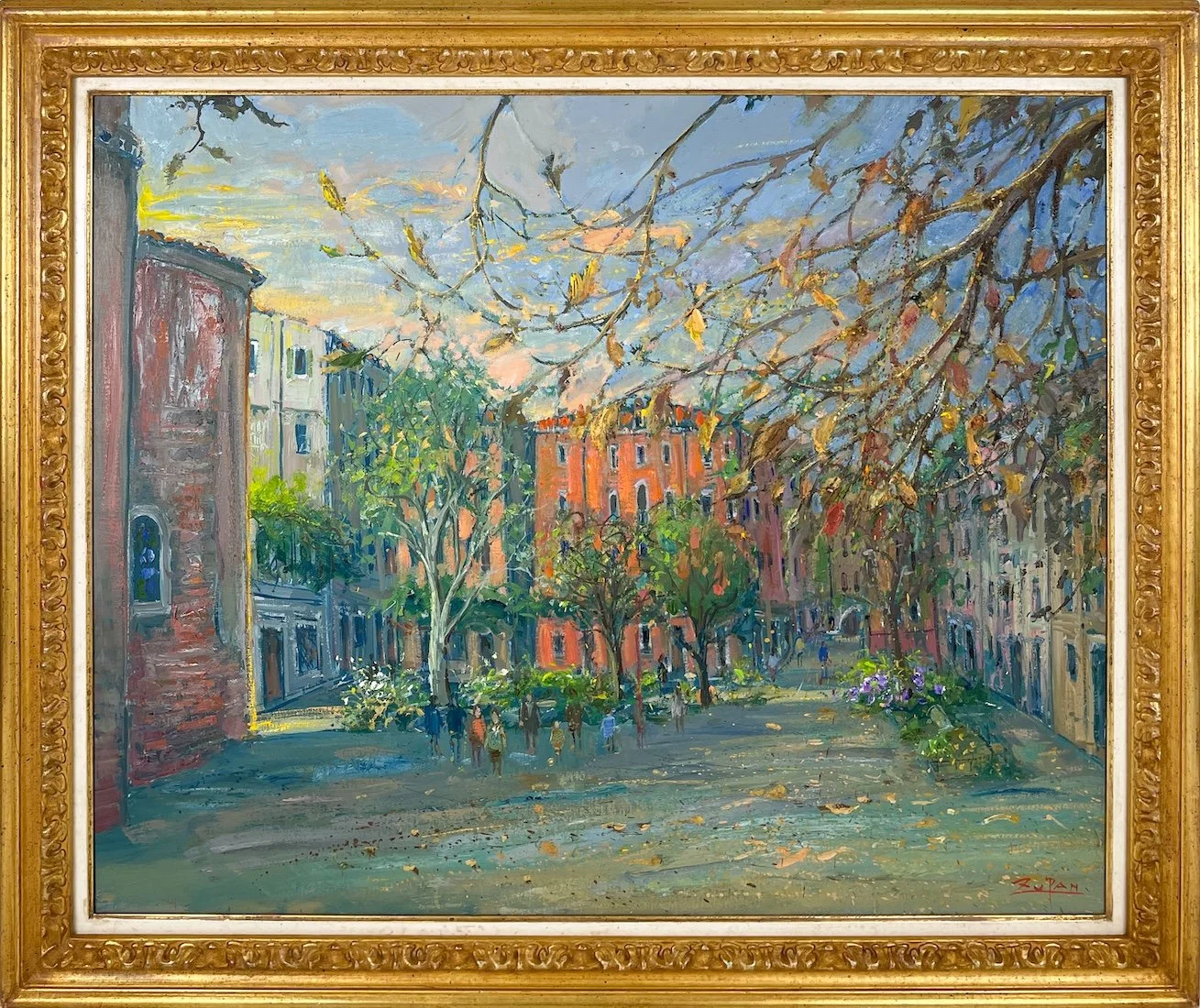 Bruno Zupan Campo San Giacomo, Autumn, impressionist scene of venetian square, colored facades, green and brown leafed trees, blue sky
