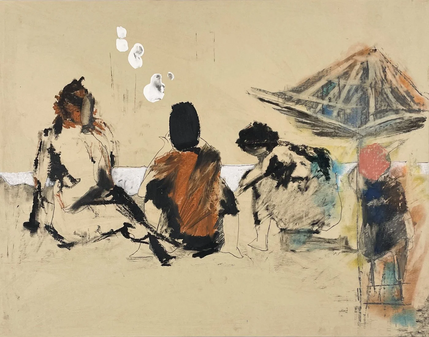 Figure study by stanley boxer 4 figures on a beach with umbrella in the sand