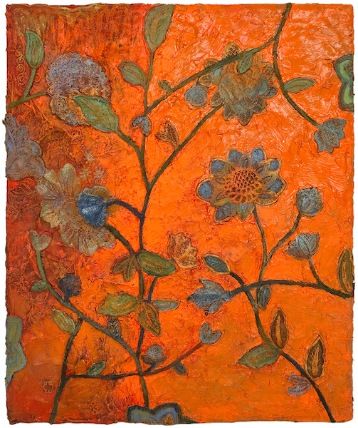 Natasha Zupan Afterglow #17, mixed media collage on wood with bright orange thick texture background and floral pattern overlay with pops of blue petals and green vines