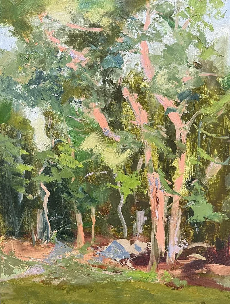 Kathy Buist The Way Light Moves, oil on panel, abstract landscape of green trees and browns