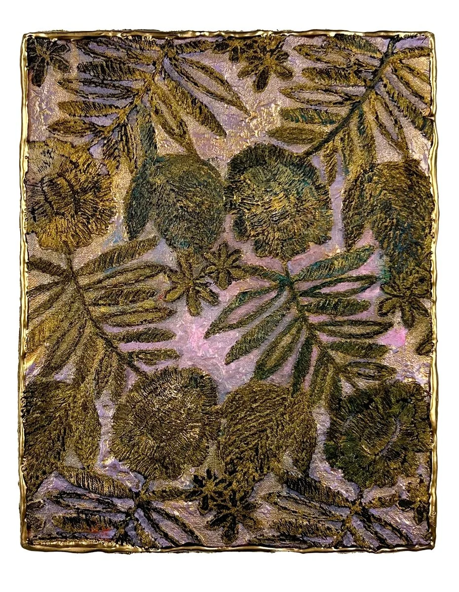 Natasha Zupan - Afterglow #32, mixed media collage with, fabric, floral patterns and thick texture in pale pink mauve and dark gold