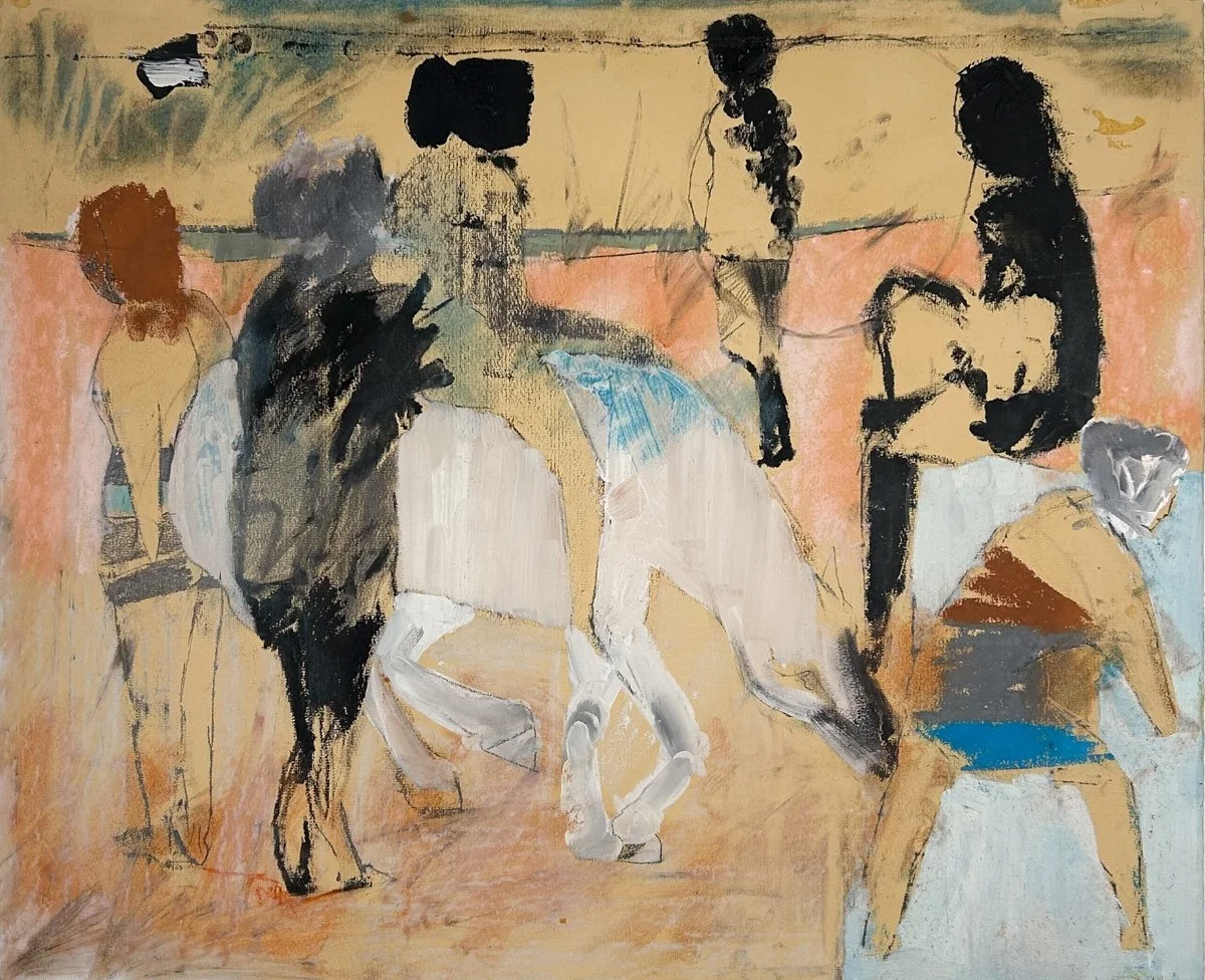 Stanley Boxer Untitled Figure Study (421D-60), abstract figure study on tan paper, done in mixed media