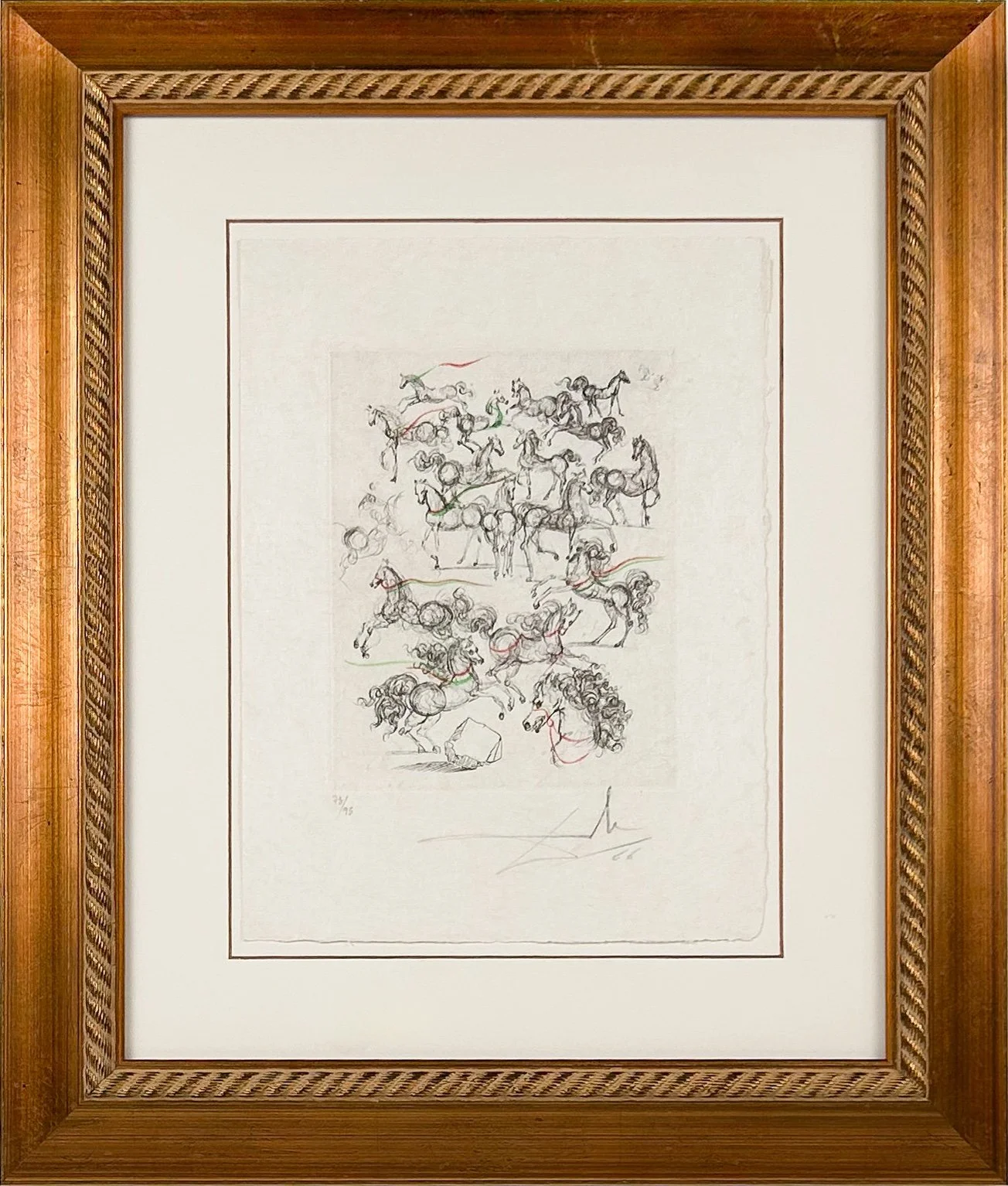Salvador DalíPetite Horses, surrealistic etching of many horses frolicing and dancing around, red and green reins, framed