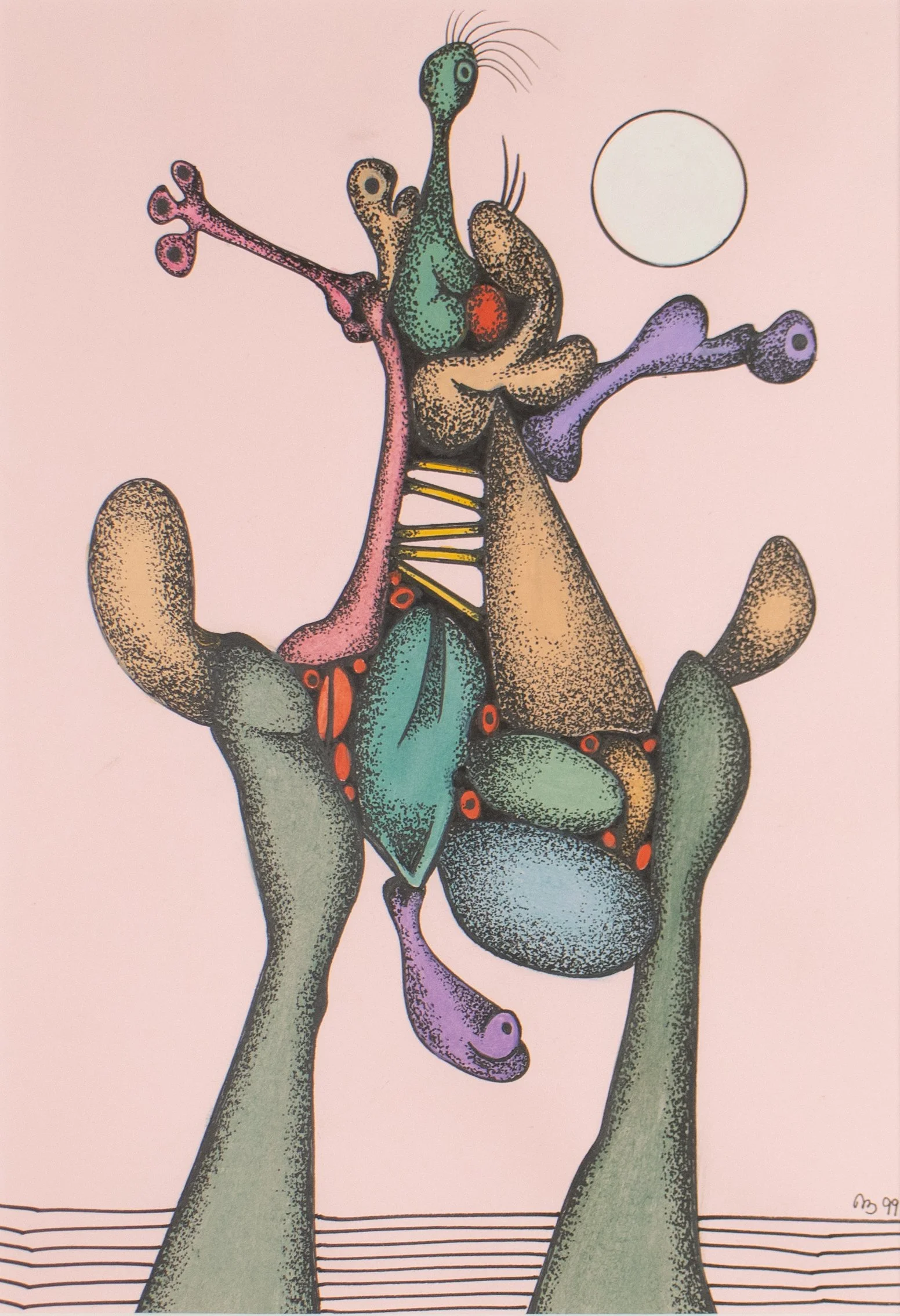 Desmond Morris, FABULIST, abstract biomorphic form in watercolor on pink paper