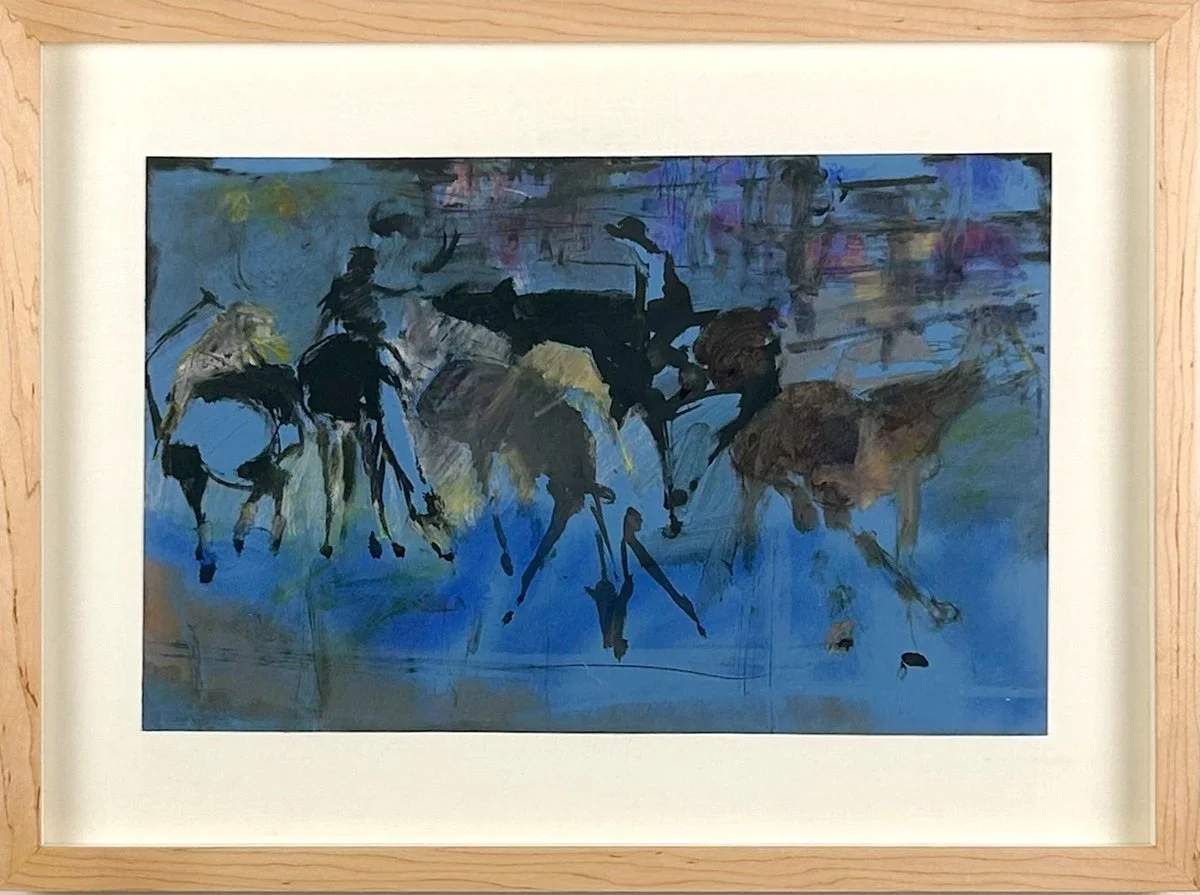 Stanley Boxer Untitled Figure Study (272D-61), abstract figutative study of horses and riders, dark blue paper, shades of black, brown, yellow, purple
