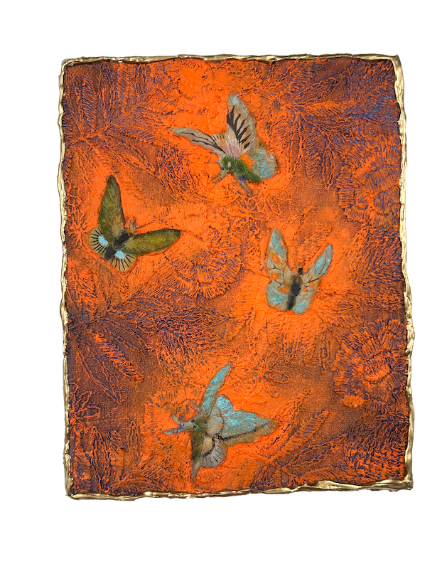 Natasha Zupan - Afterglow #72, mixed media collage with gold, fabric, floral patterns and thick texture in bright orange with dark contrasting shadow and green blue butterflies