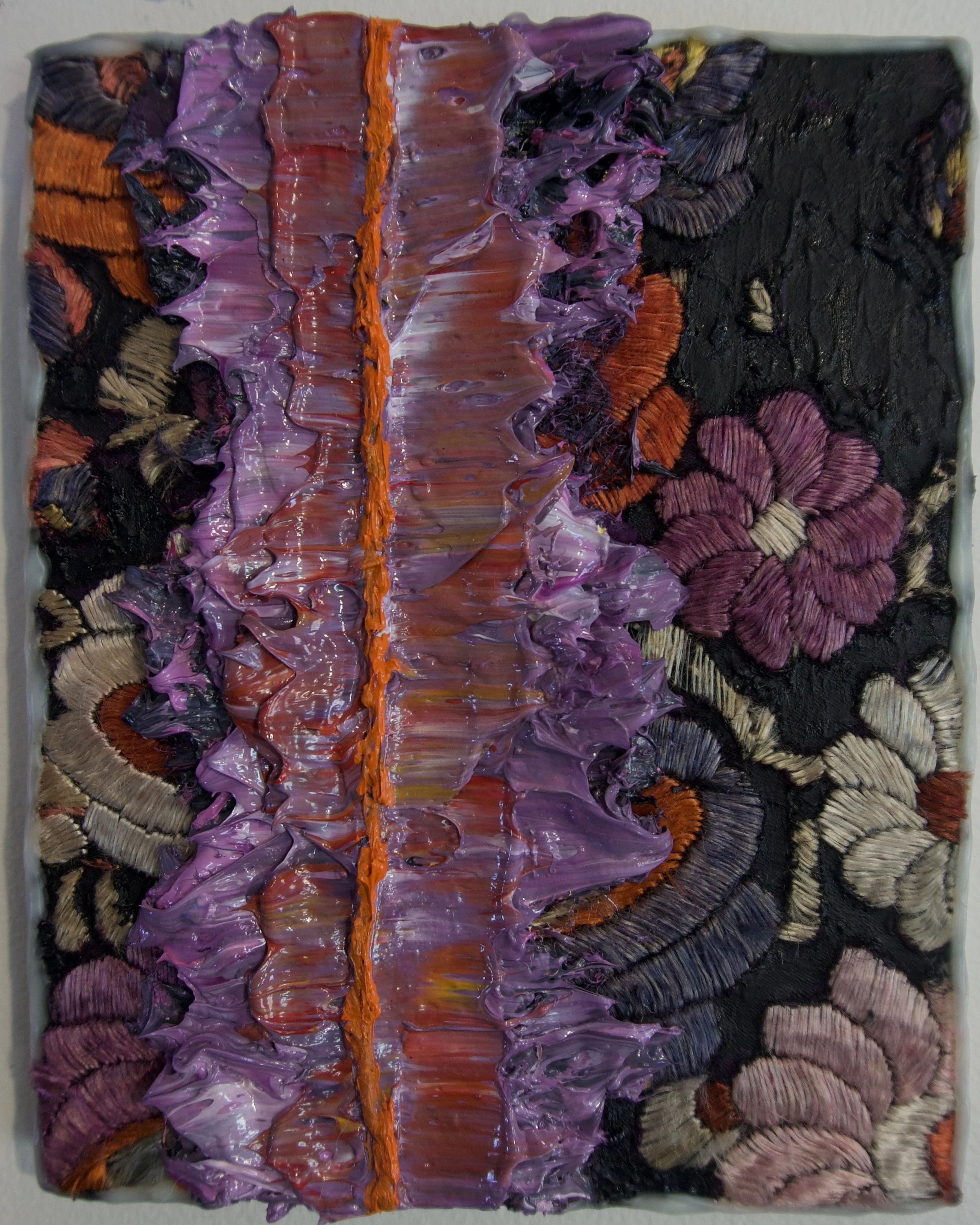 Natasha Zupan - Afterglow #21, mixed media collage with fabric, floral patterns and thick textured paint